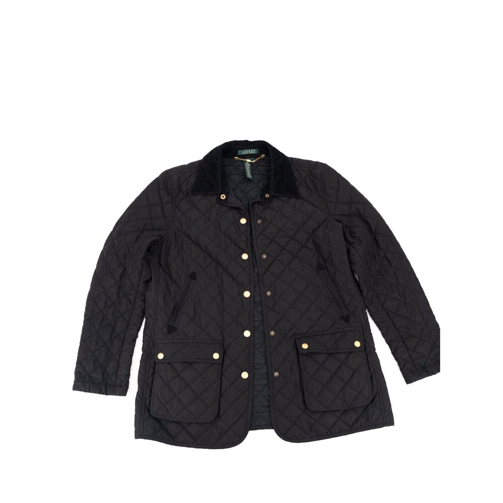 Lauren Ralph Lauren Womens L Quilted Jacket Black Button Down Corduroy Collar
